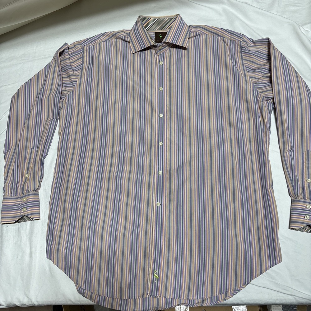 TAILORBYRD Purple‎ Orange Gray Stripe Cotton Button Down Shirt sz XL